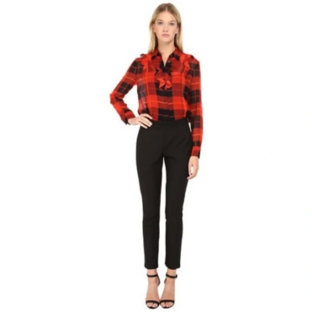 Kate Spade red black woodland plaid chiffon button up down blouse 6